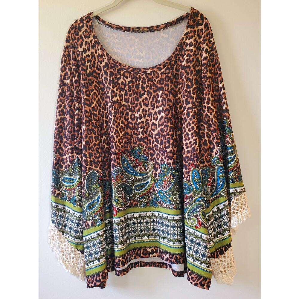 Melissa Paige Women's XXL Blouse Pullover Butterfly Sleeve Paisley Leopard Boho